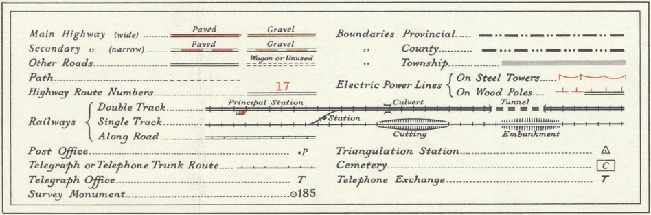 Example of a typical legend on the 1:63,360 series maps, showing symbology and colouring used for the following: highways, roads, paths, railways, post offices, telegraph/telephone routes, survey monuments, boundaries (provincial, county, township), power lines, triangulation stations, cemeteries, telephone exchanges.