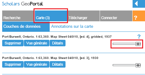 Capture d’écran de l’onglet « Carte » dans le GeoPortal ; le curseur transparence est entouré.
