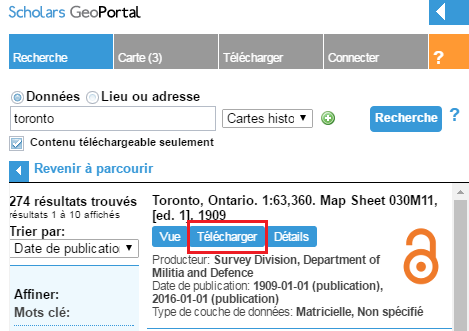 Capture d’écran des résultats d’une recherche pour les cartes de Toronto ; le bouton « Télécharger » est entouré.