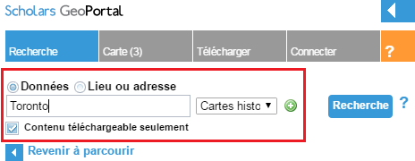 Capture d’écran du champ de recherche dans GeoPortal avec le mot « Toronto » inscrit et l’option « Cartes historiques » choisie à partir du menu déroulant.
