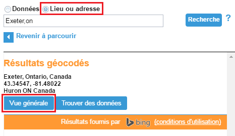 Capture d’écran de l’option de recherche « Lieu ou Adresse » dans GeoPortal, avec « Exeter, ON » inscrit, et le bouton vue générale entouré.