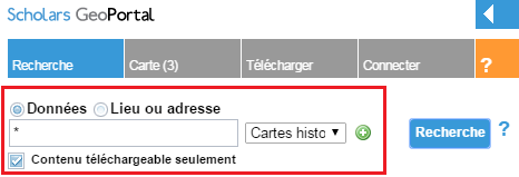 Capture d’écran du champ de recherche dans GeoPortal avec un ‘*’ et l’option « Cartes historiques » choisie à partir du menu déroulant.