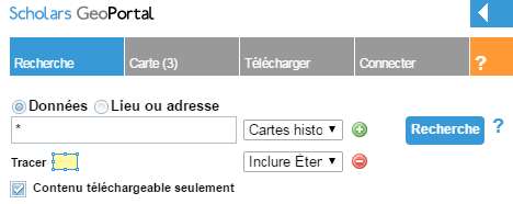 Capture d’écran du champ de recherche dans GeoPortal avec un ‘*’ et l’option « Cartes historiques » choisie à partir du menu déroulant, ainsi que l’option « Inclure Étendue » en dessous comme option de recherche supplémentaire.
