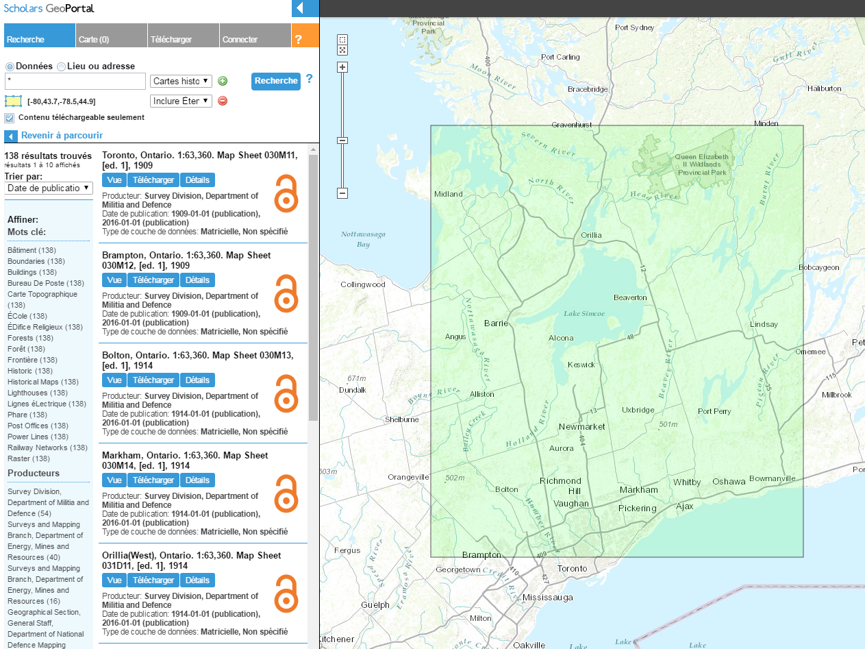 Capture d’écran des résultats d’un recherche dans GeoPortal pour une « Recherche par zone » du centre de l’Ontario.