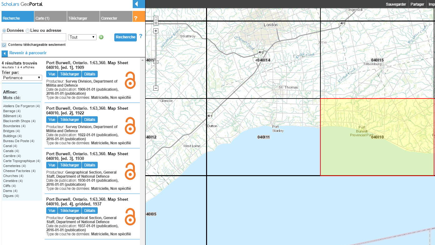 Capture d’écran des résultats d’une recherche dans GeoPortal après avoir sélectionné une cellule de grille à partir de la carte-index.