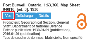 Capture d’écran des résultats d’une recherche pour une feuille de carte de « Port Burwell, Ontario » ; le bouton « Vue » est entouré.