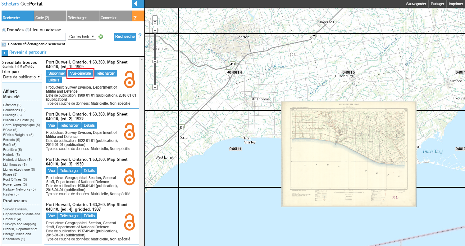 Capture d’écran de la carte chargée sur le visualiseur de carte dans GeoPortal après avoir été choisie à partir des résultats de recherche situés à gauche de l’écran.